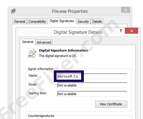 Screenshot of the Abrosoft Co. certificate